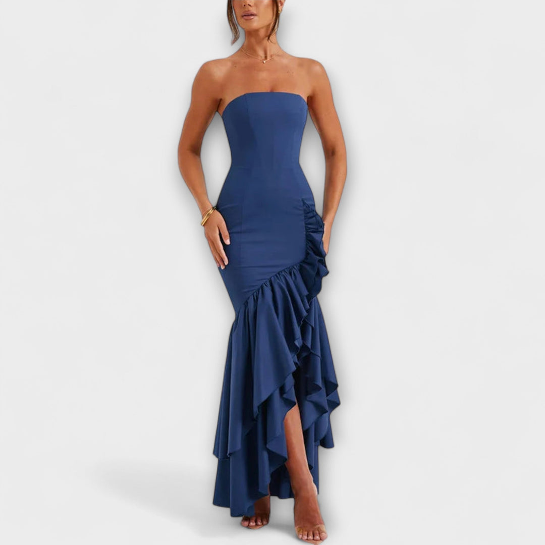 Zuri - Vestido maxi con hombros al descubierto y dobladillo asimétrico