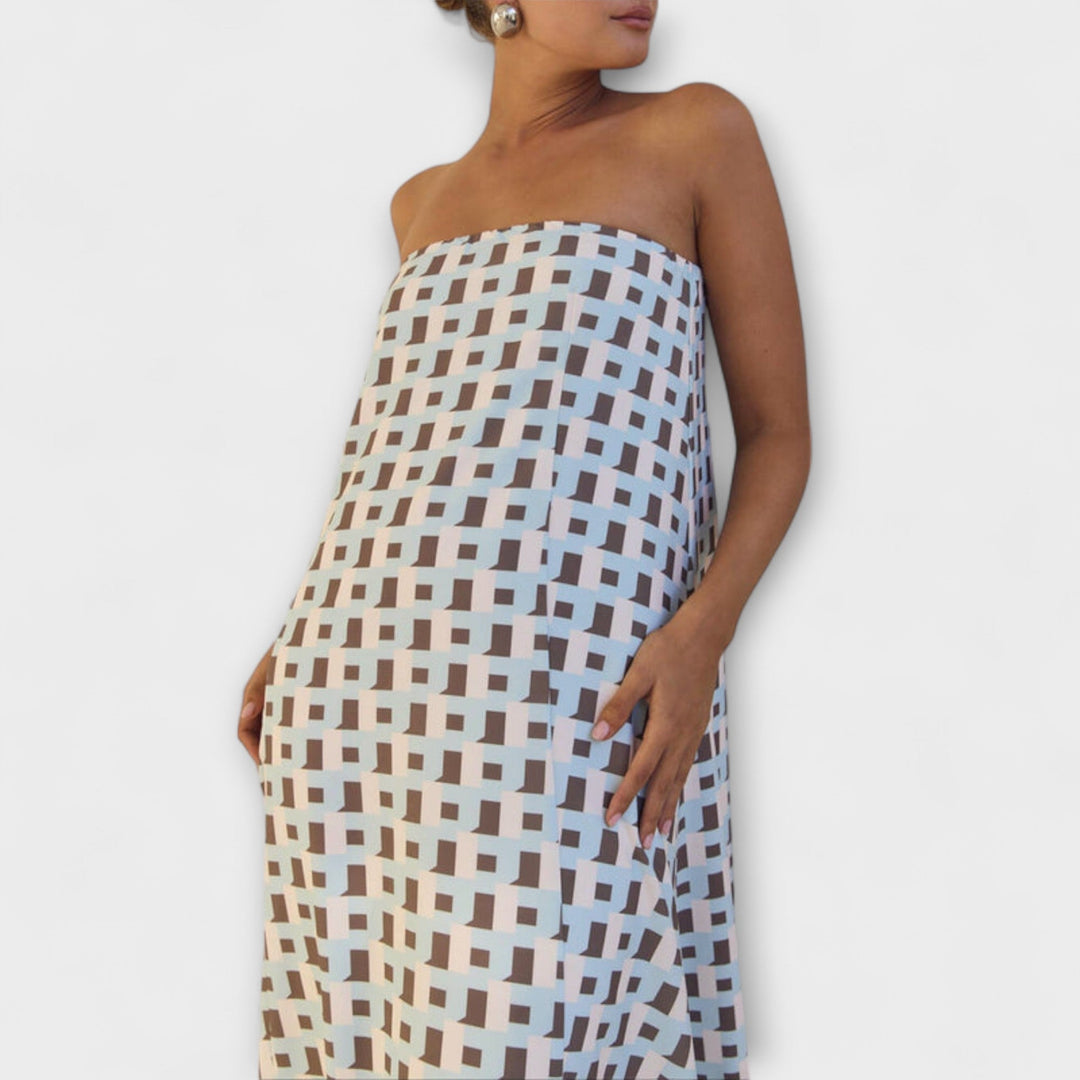 Rjava - Vestido maxi geométrico único con hombros al descubierto