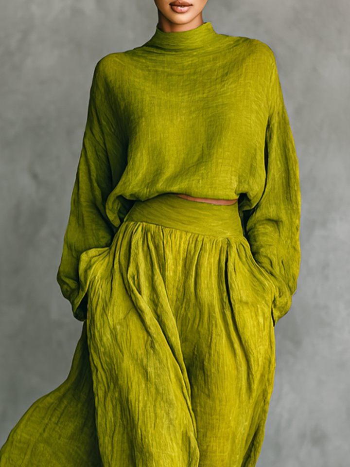 Conjunto de mujer de algodón y lino verde con pantalón ancho