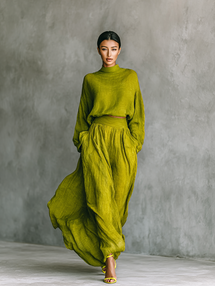 Conjunto de mujer de algodón y lino verde con pantalón ancho