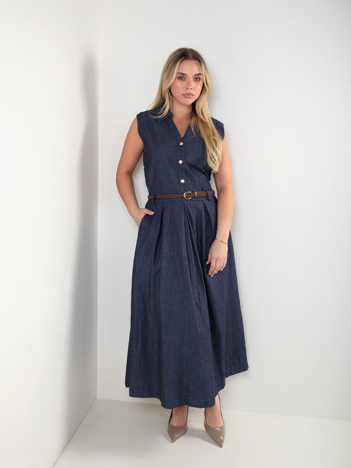 Vestido camiseiro midi ganga com cinto