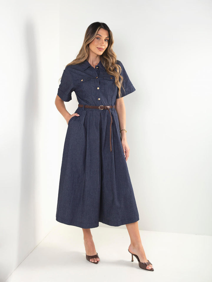 Vestido midi manga curta com cinto
