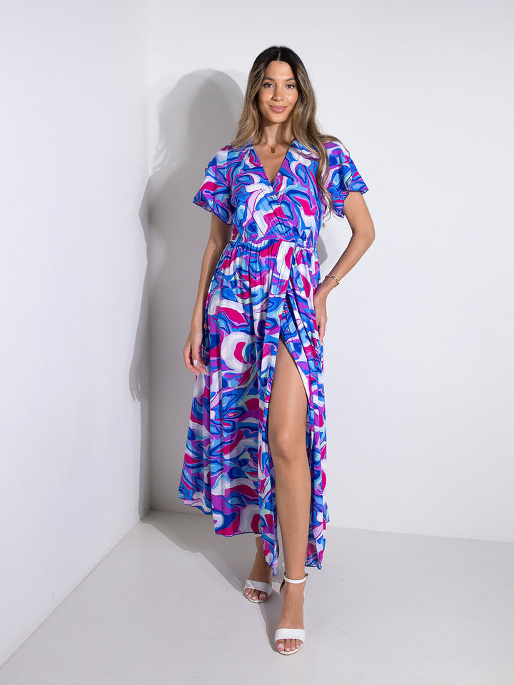 Vestido comprido estampado abstrato