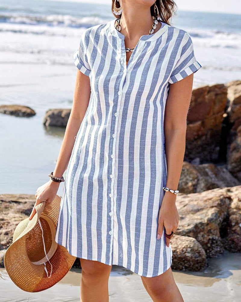Vestido Camisero Rayas Algodón Lino Elegante