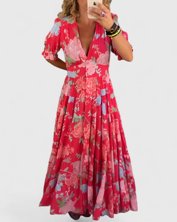 Minelda | Vestido Elegante de Flores con Escote en V