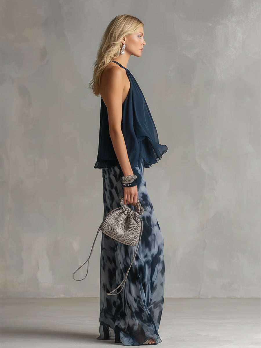 Conjunto De Chifón Con Top De Cuello Alto Y Pantalón