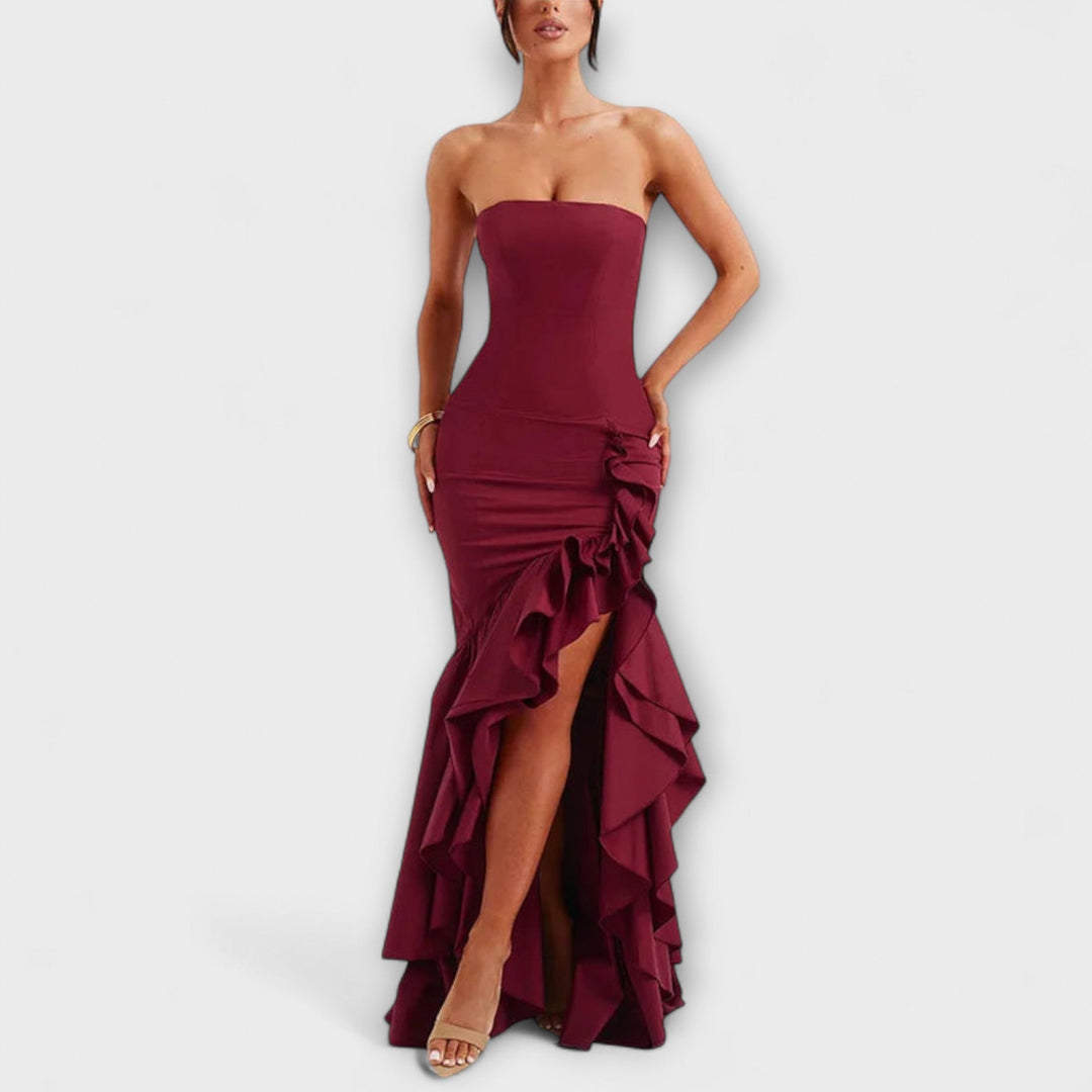 Zuri - Vestido maxi con hombros al descubierto y dobladillo asimétrico