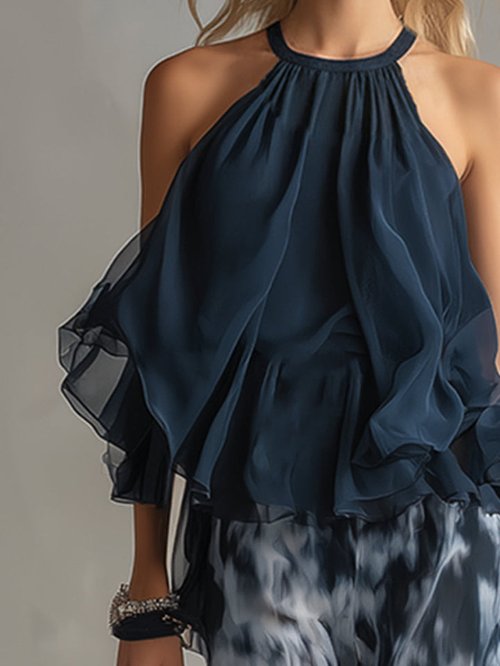 Conjunto De Chifón Con Top De Cuello Alto Y Pantalón