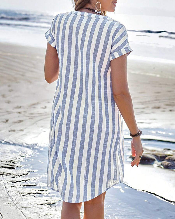 Vestido Camisero Rayas Algodón Lino Elegante