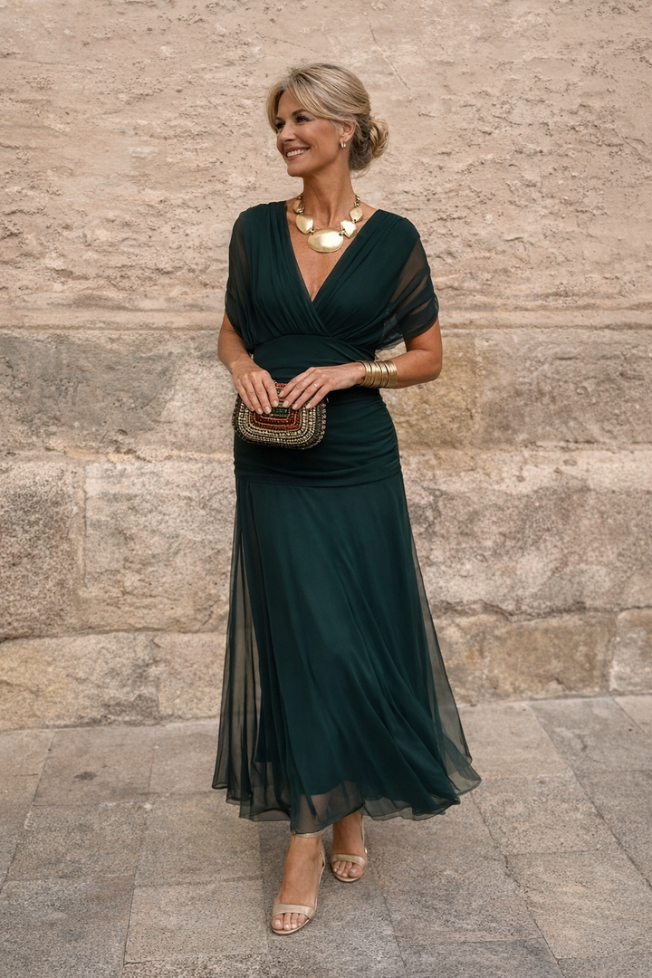 Vestido maxi elegante para festa com decote em coração