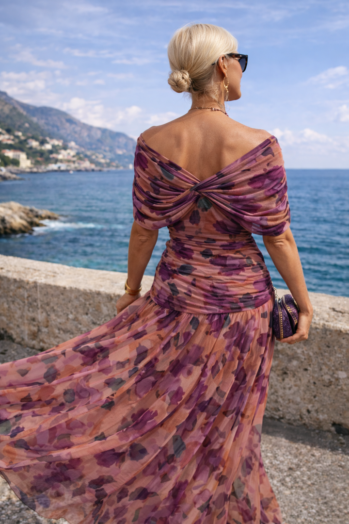 Vestido maxi elegante para festa com decote em coração