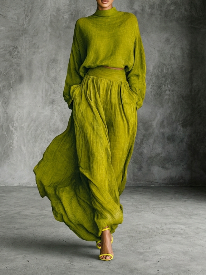 Conjunto de mujer de algodón y lino verde con pantalón ancho