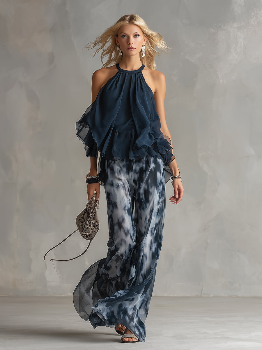 Conjunto De Chifón Con Top De Cuello Alto Y Pantalón