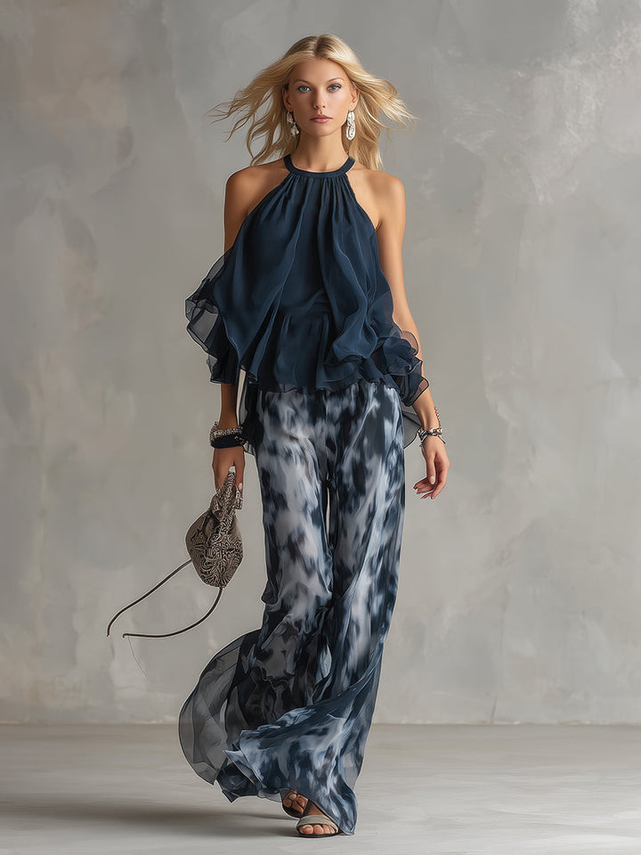 Conjunto De Chifón Con Top De Cuello Alto Y Pantalón