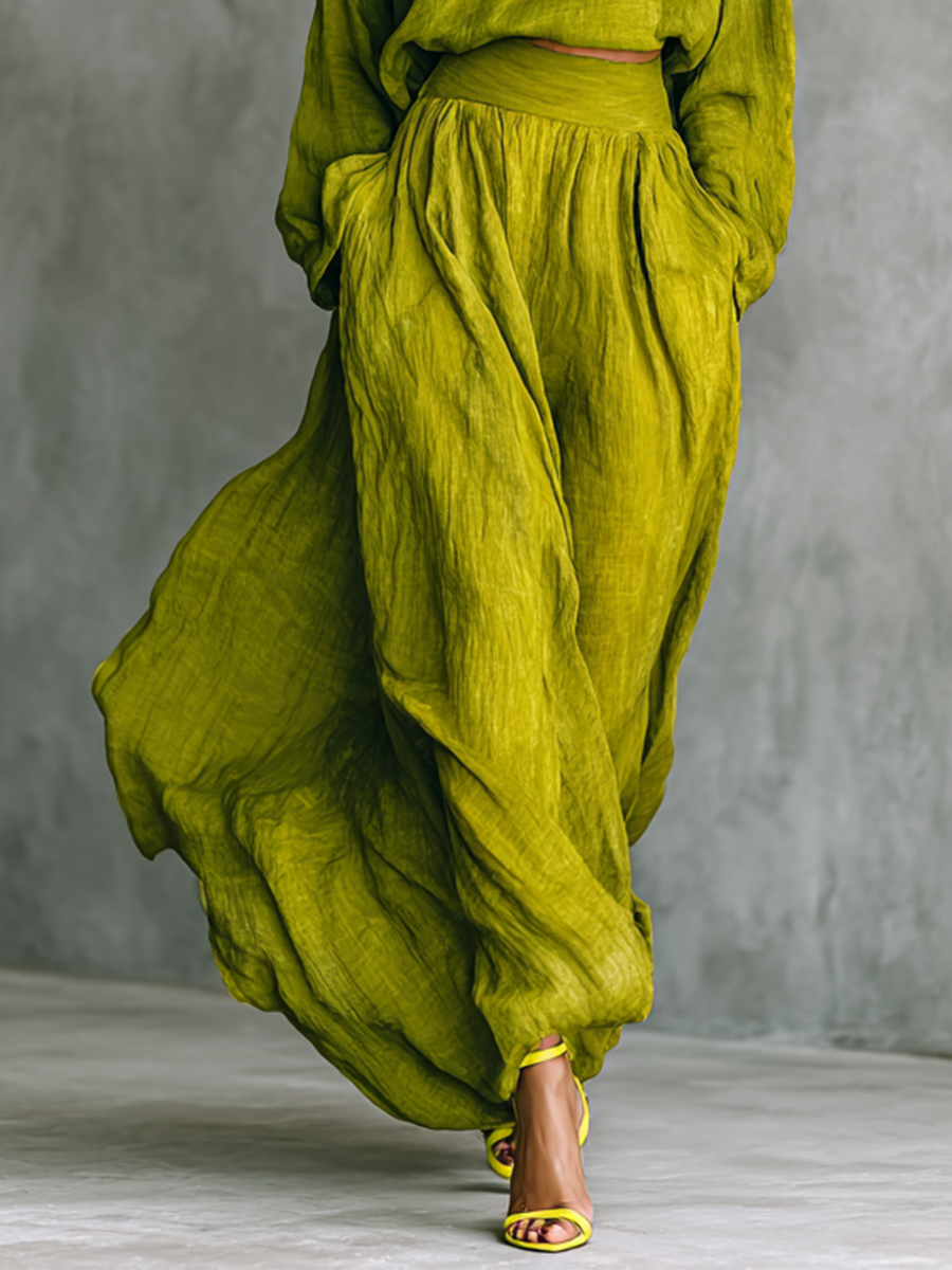 Conjunto de mujer de algodón y lino verde con pantalón ancho