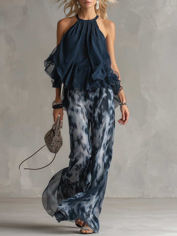 Conjunto De Chifón Con Top De Cuello Alto Y Pantalón
