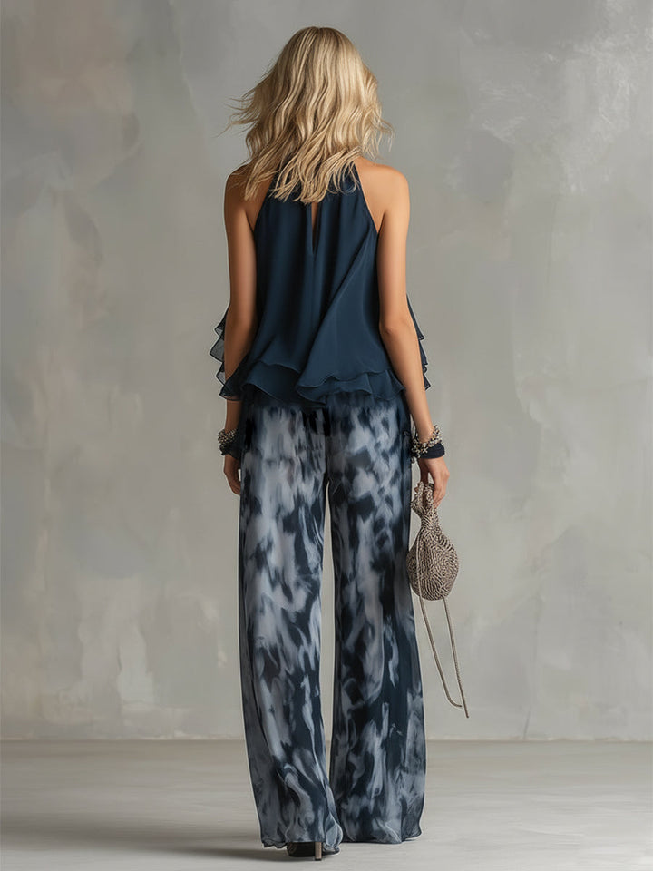 Conjunto De Chifón Con Top De Cuello Alto Y Pantalón