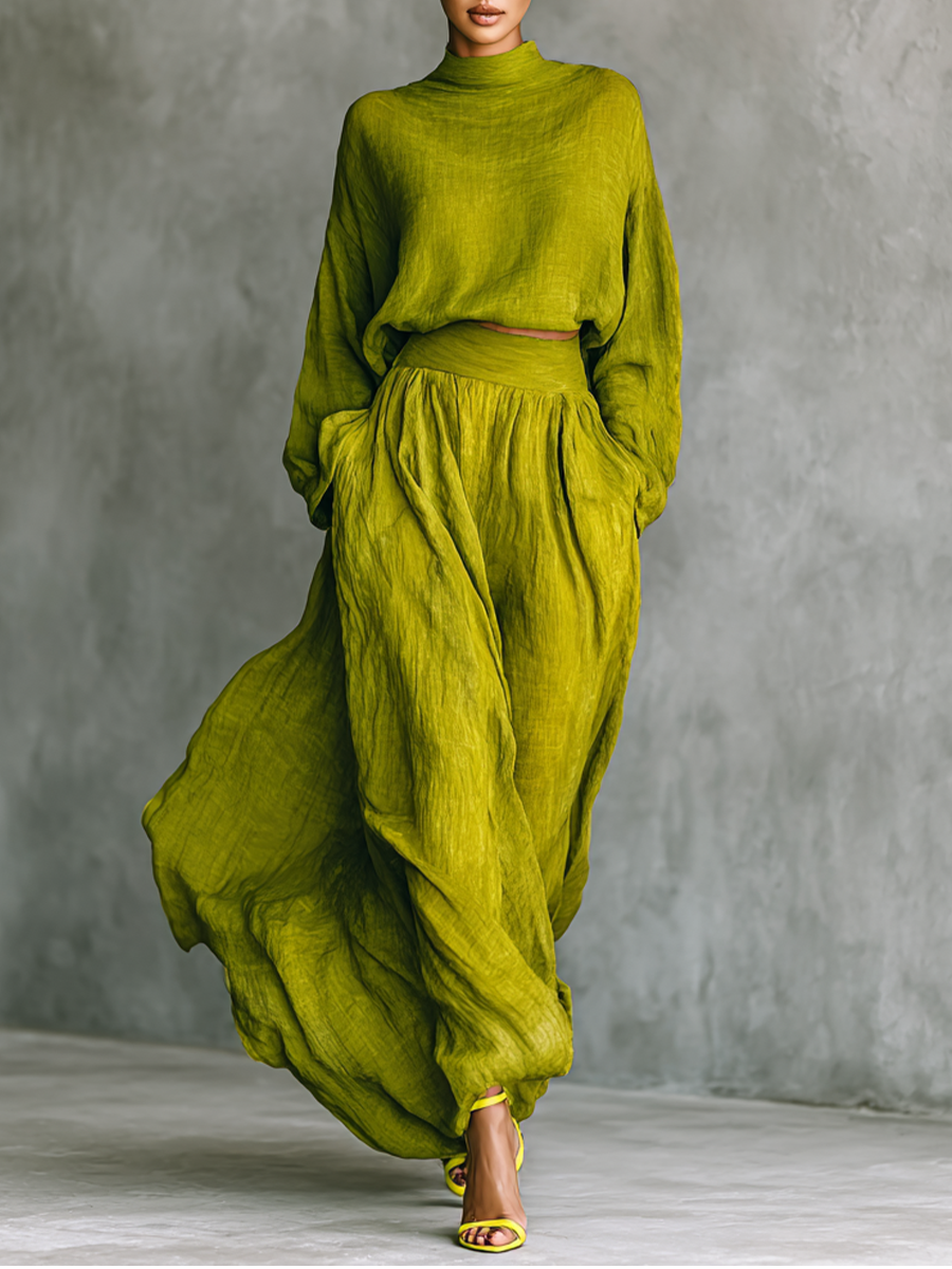 Conjunto de mujer de algodón y lino verde con pantalón ancho