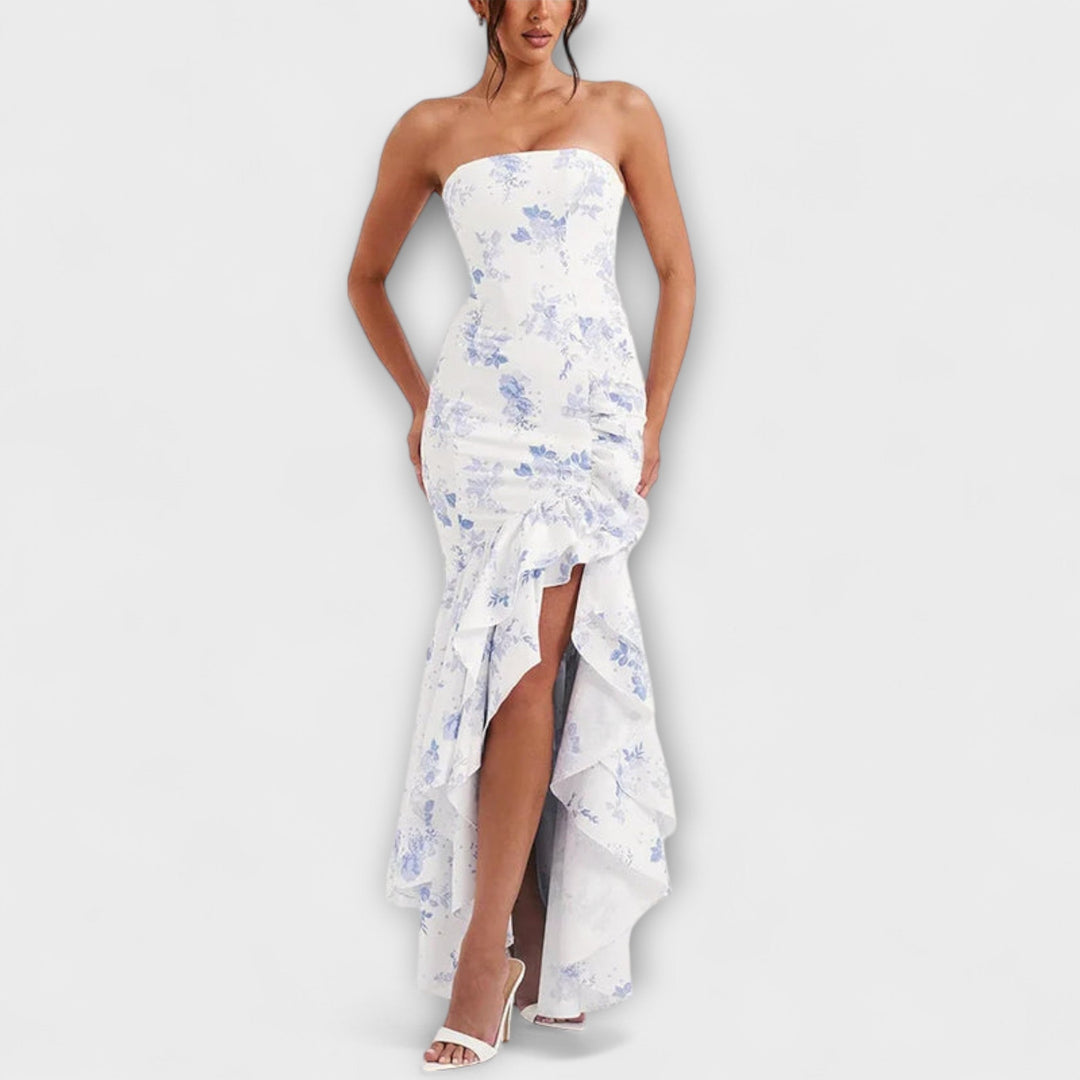 Zuri - Vestido maxi con hombros al descubierto y dobladillo asimétrico