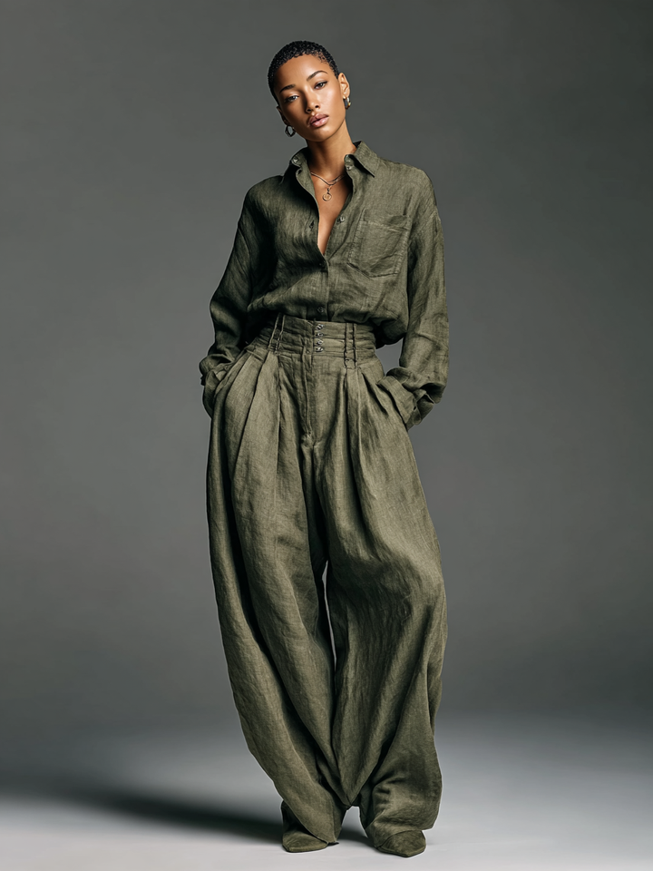 Conjunto Mujer Algodón Lino Camisa y Pantalón Ancho