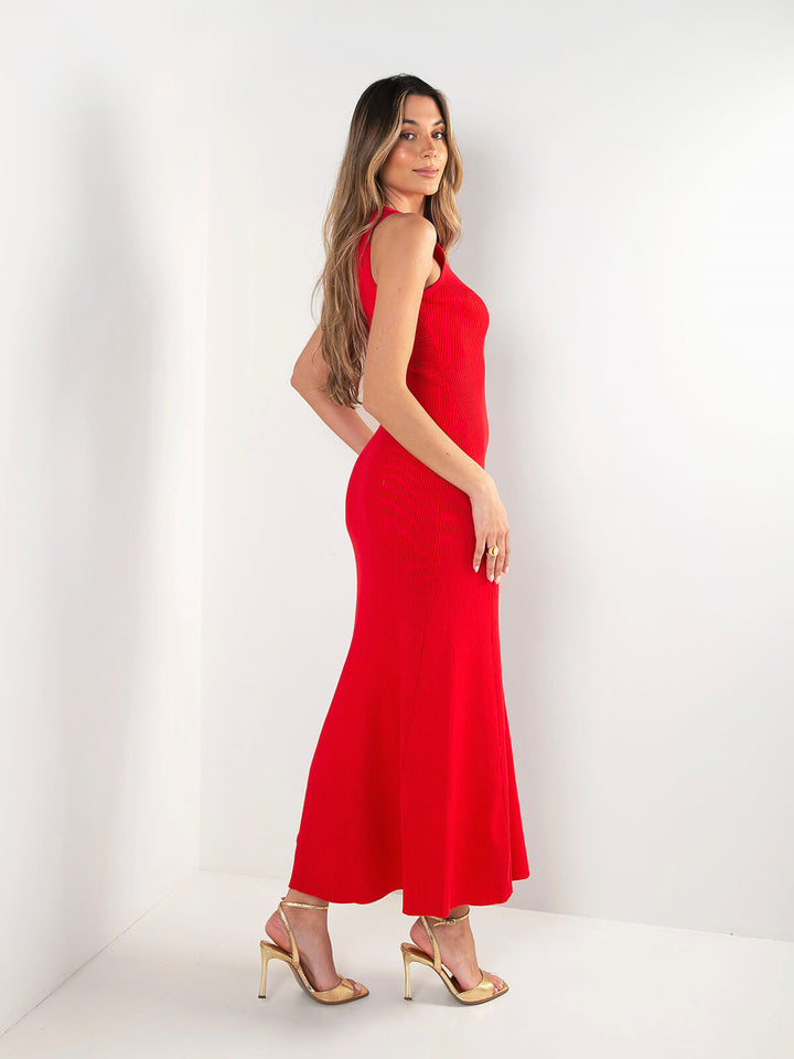 Vestido malha comprido decote halter