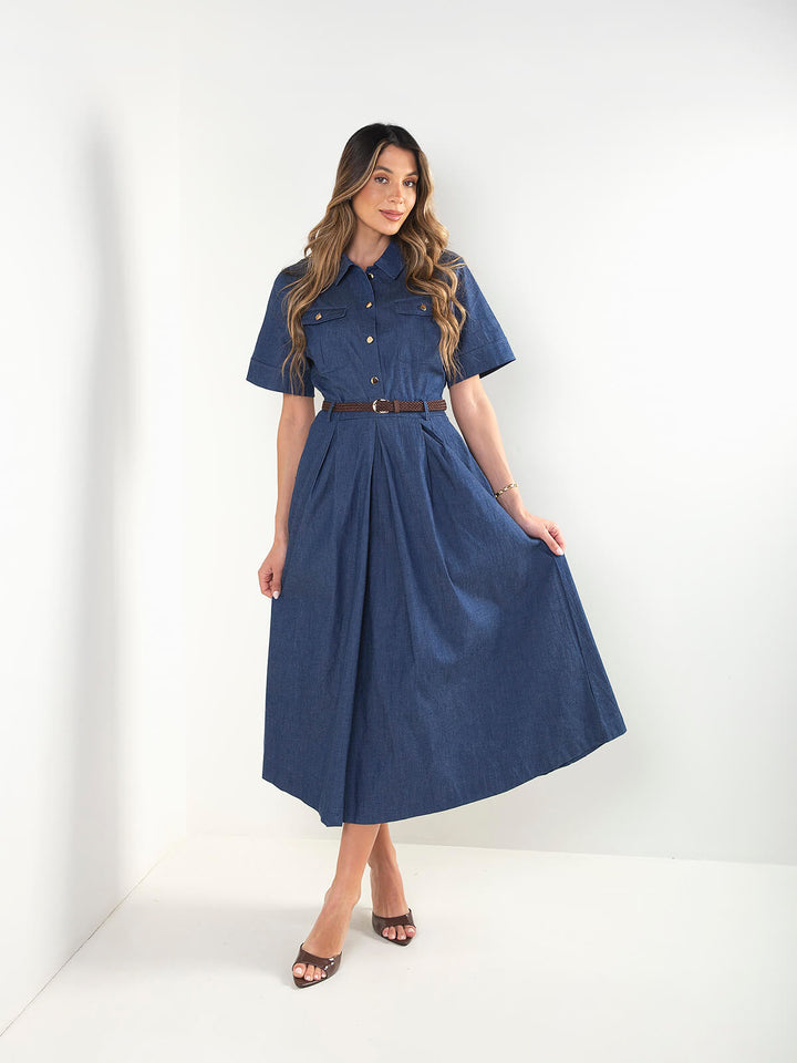 Vestido midi manga curta com cinto