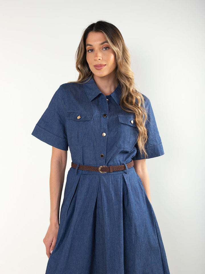 Vestido midi manga curta com cinto