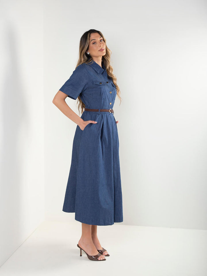 Vestido midi manga curta com cinto