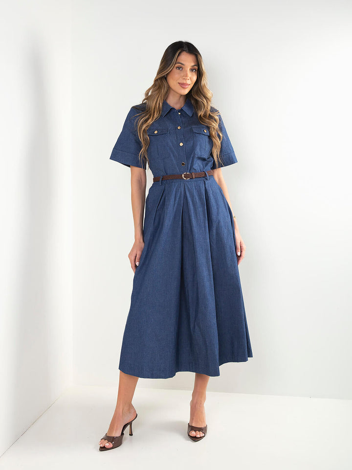 Vestido midi manga curta com cinto