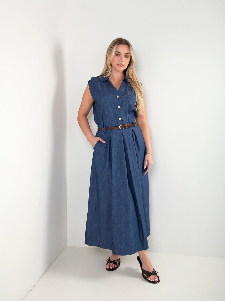 Vestido camiseiro midi ganga com cinto