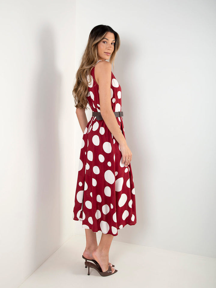 Vestido midi às bolas com cinto