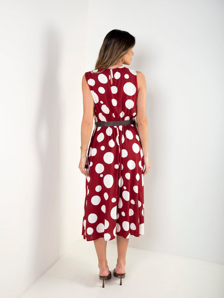 Vestido midi às bolas com cinto