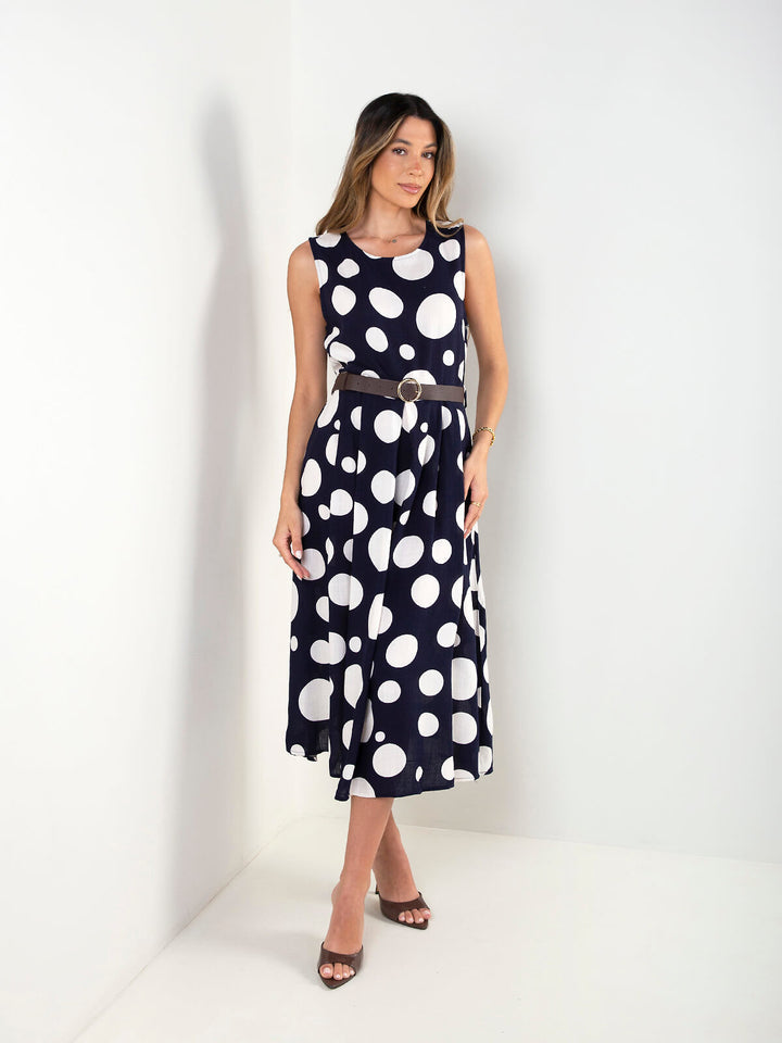 Vestido midi às bolas com cinto