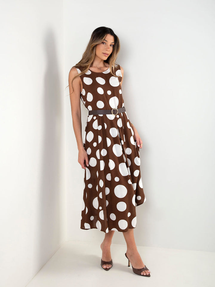 Vestido midi às bolas com cinto