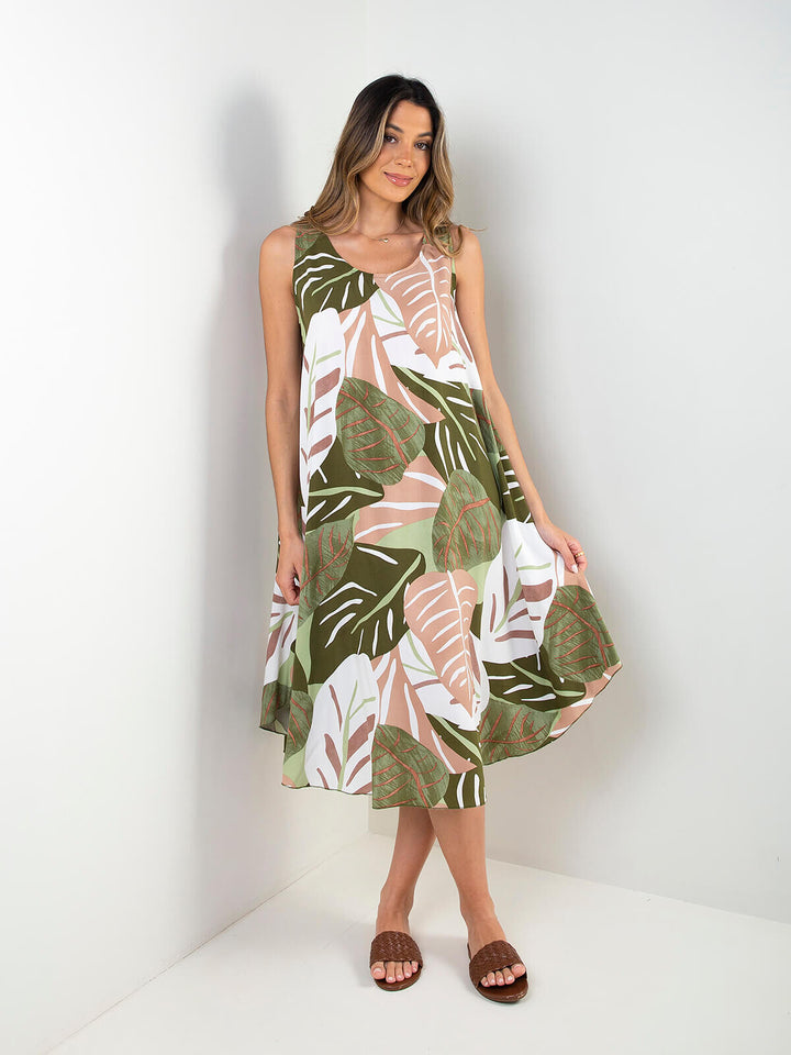 Vestido midi com estampado tropical
