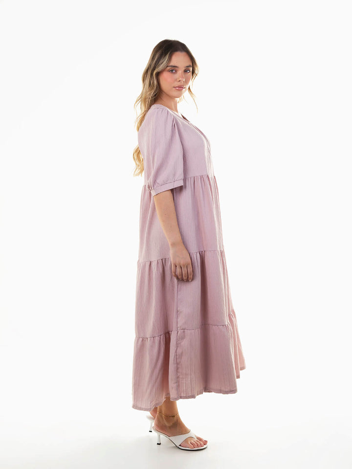 Vestido midi texturizado manga abalonada