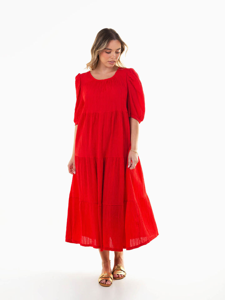 Vestido midi texturizado manga abalonada