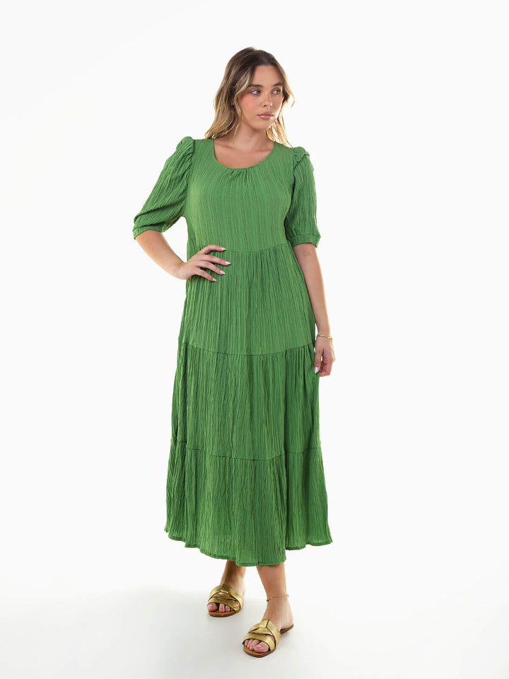 Vestido midi texturizado manga abalonada