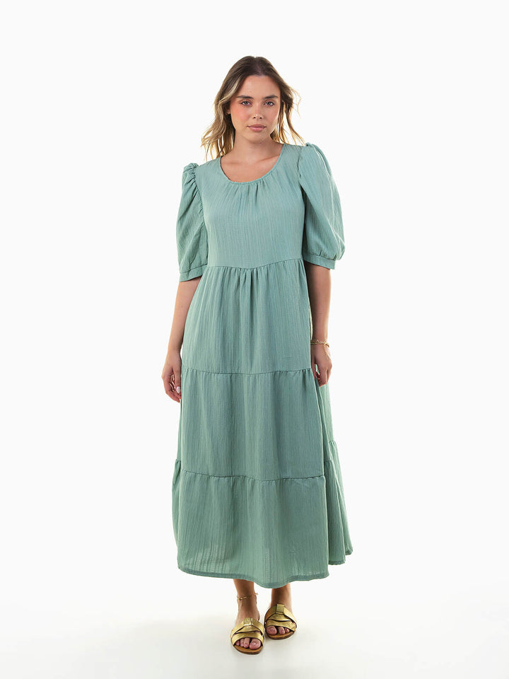 Vestido midi texturizado manga abalonada