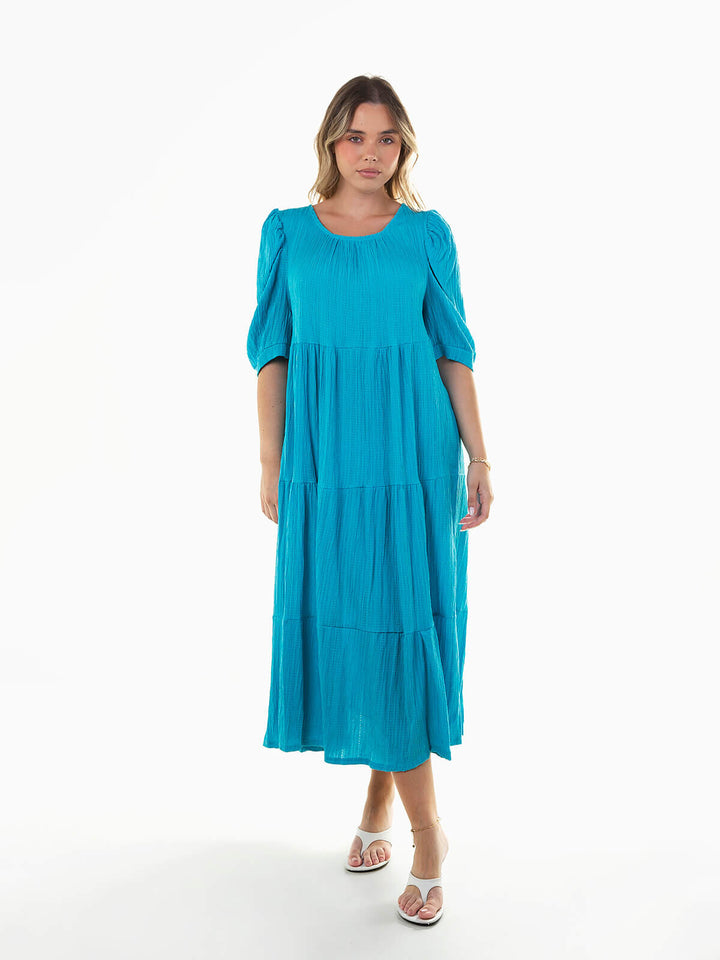 Vestido midi texturizado manga abalonada