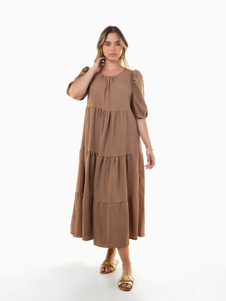 Vestido midi texturizado manga abalonada