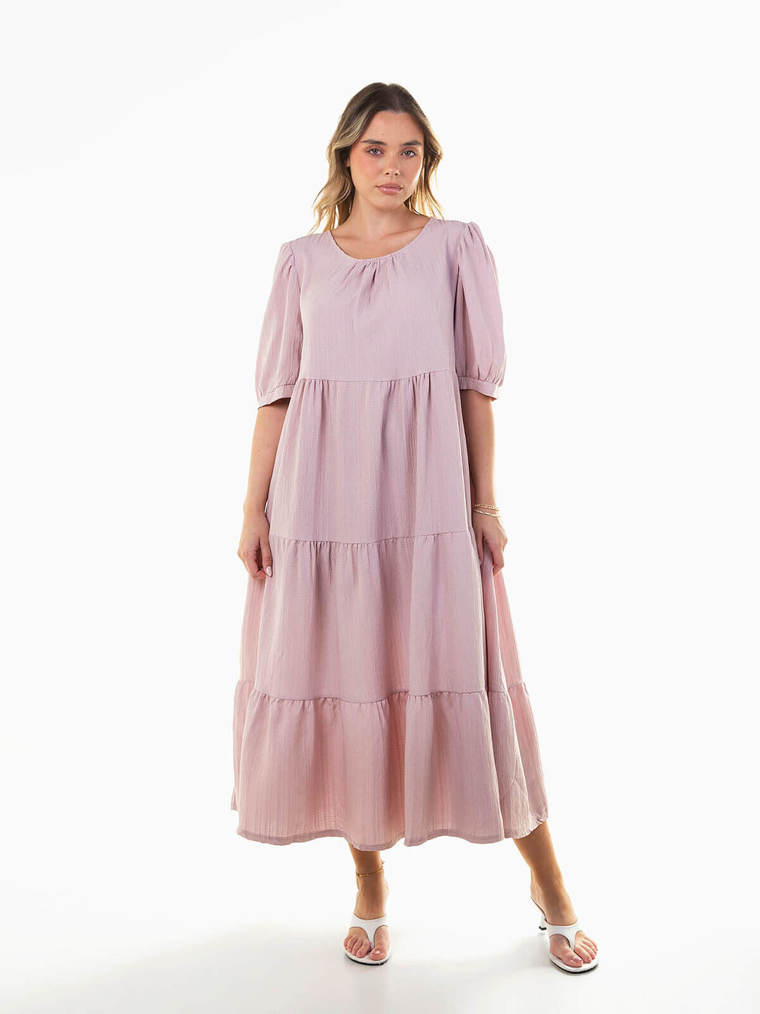 Vestido midi texturizado manga abalonada