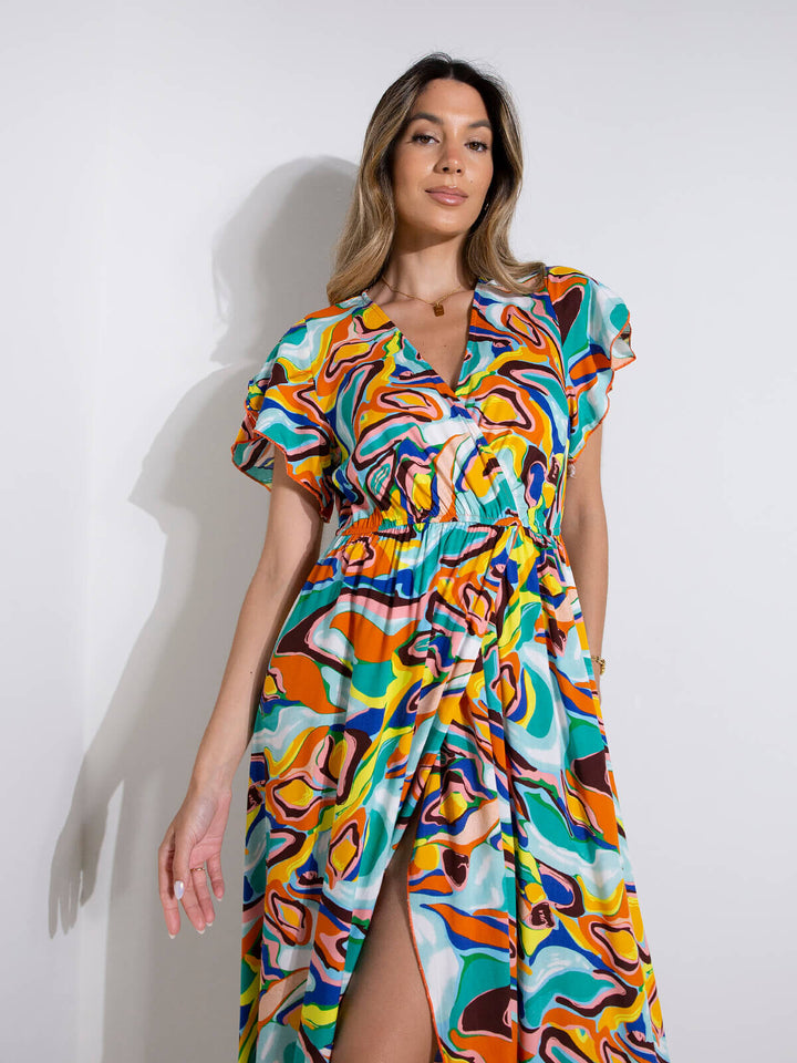 Vestido comprido estampado abstrato