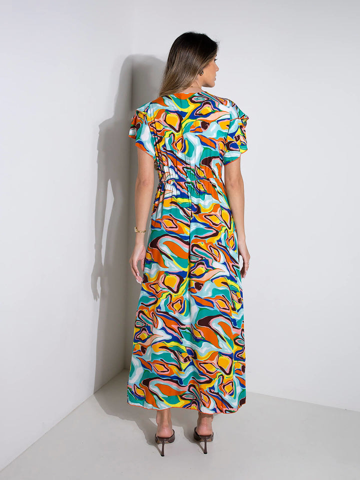 Vestido comprido estampado abstrato