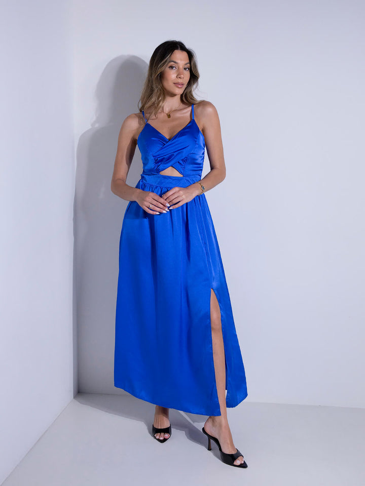 Vestido comprido acetinado em V