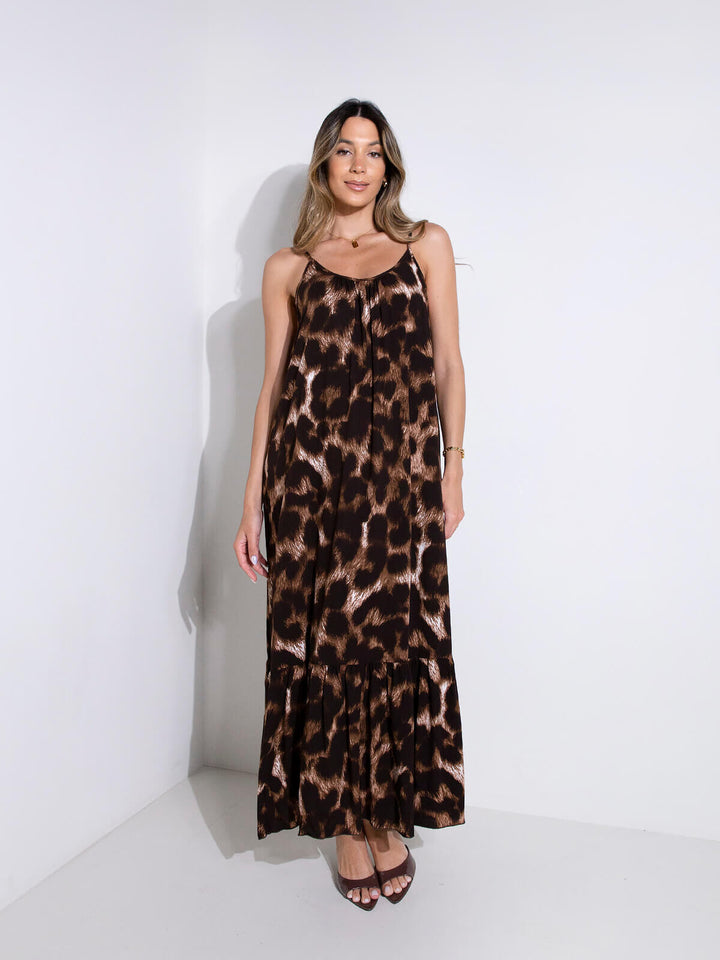 Vestido comprido animal print de alças