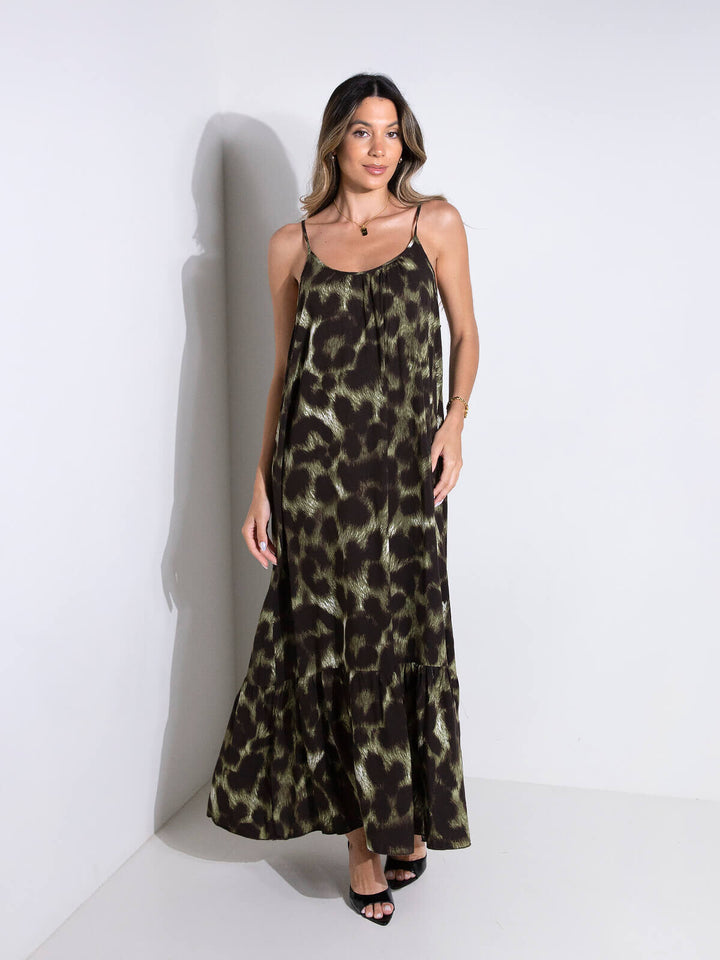 Vestido comprido animal print de alças