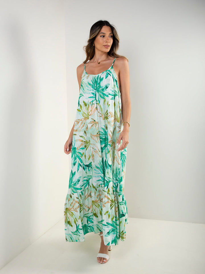 Vestido fluído estampado tropical
