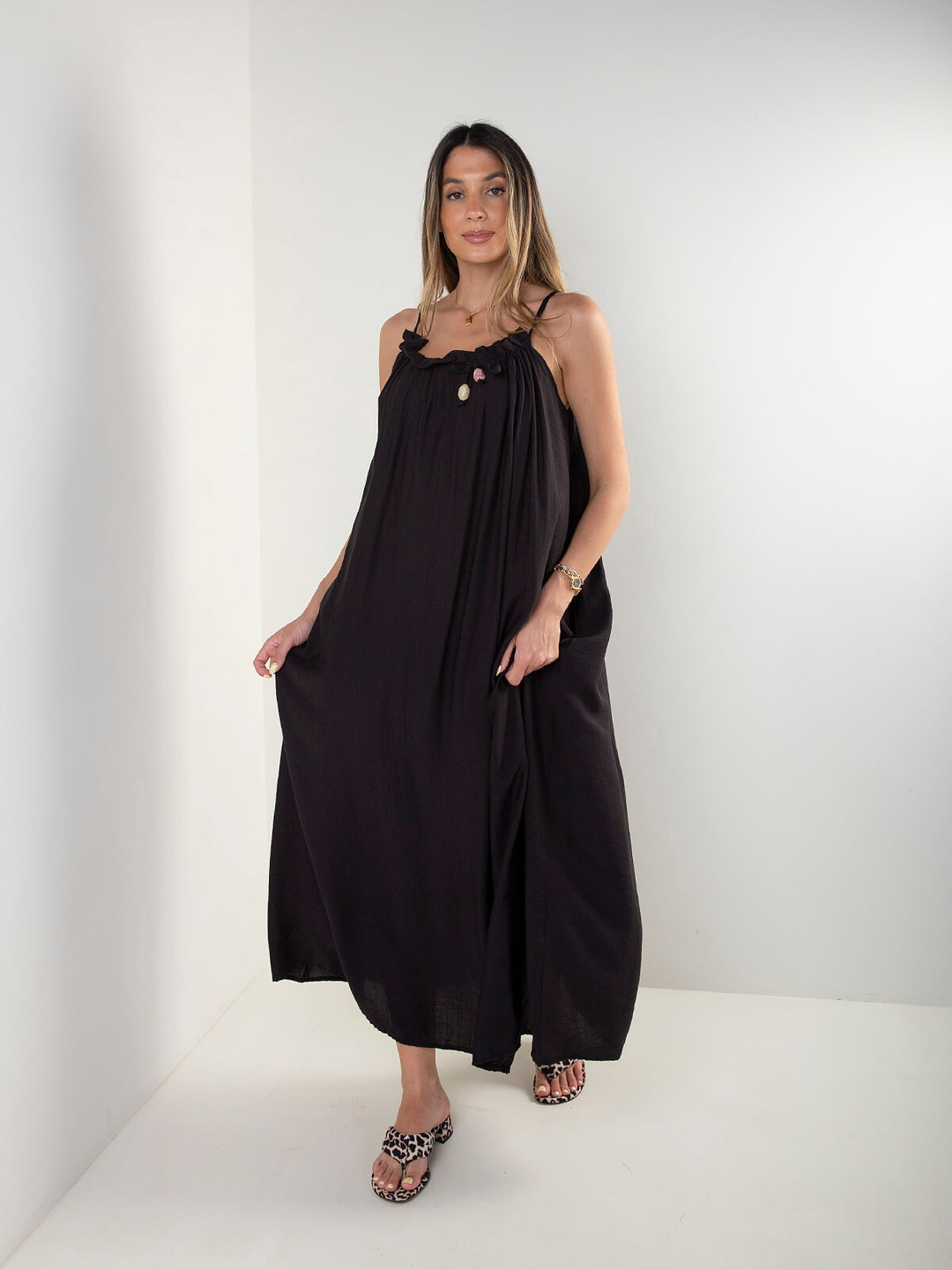 Vestido comprido de alças com textura