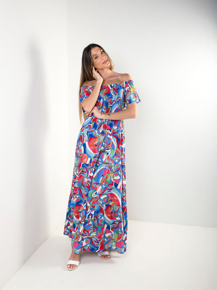 Vestido comprido estampado com decote barco